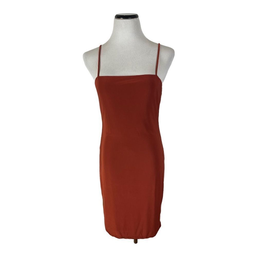 New Forever21 Women's Sz L Rust Square Neck Spaghetti Strap Bodycon Dress 90s